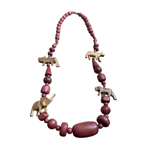 Artisan Wooden Animal Beaded Necklace Elephant Rhino Boho Retro Festival Barrel - Picture 6 of 6